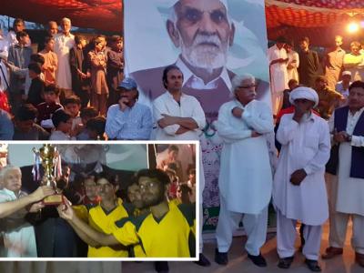 تھٹہ میں ہاکی ٹورنامنٹ کے فائنل میں مہمان خصوصی ملک سہیل خان کمڑیال جیتنے والی ٹیم کو ٹرافی دے رہے ہیں 